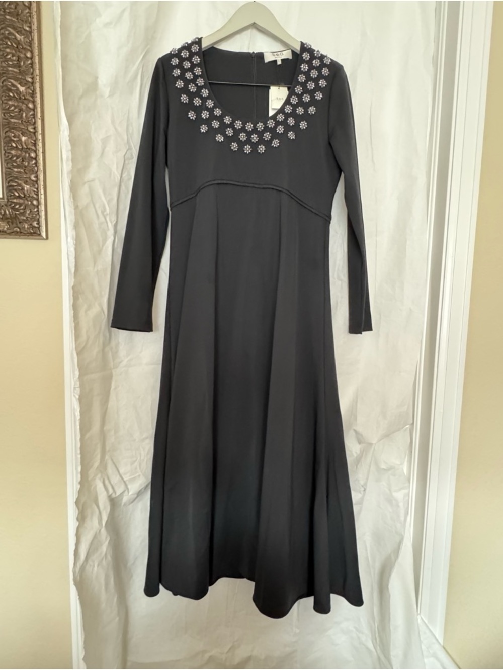 Sea New York:NWT:Black Long-Sleeve Maxi Dress with Beaded Neckline